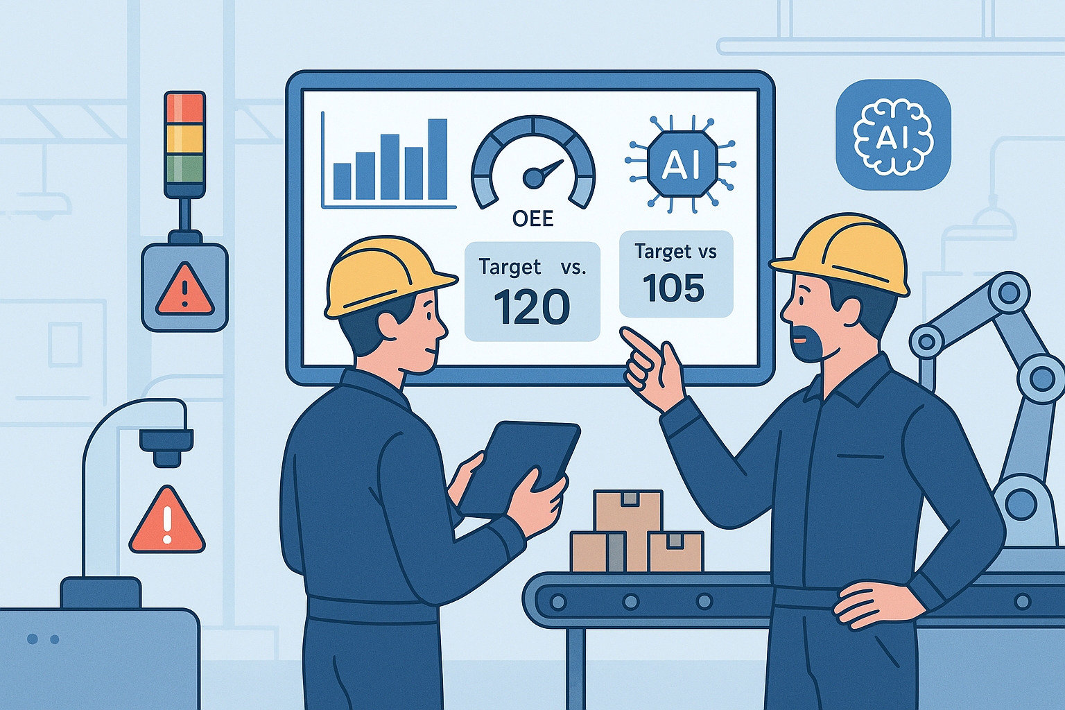 Smart factory with robotic arms and digital interfaces showing manufacturing analytics