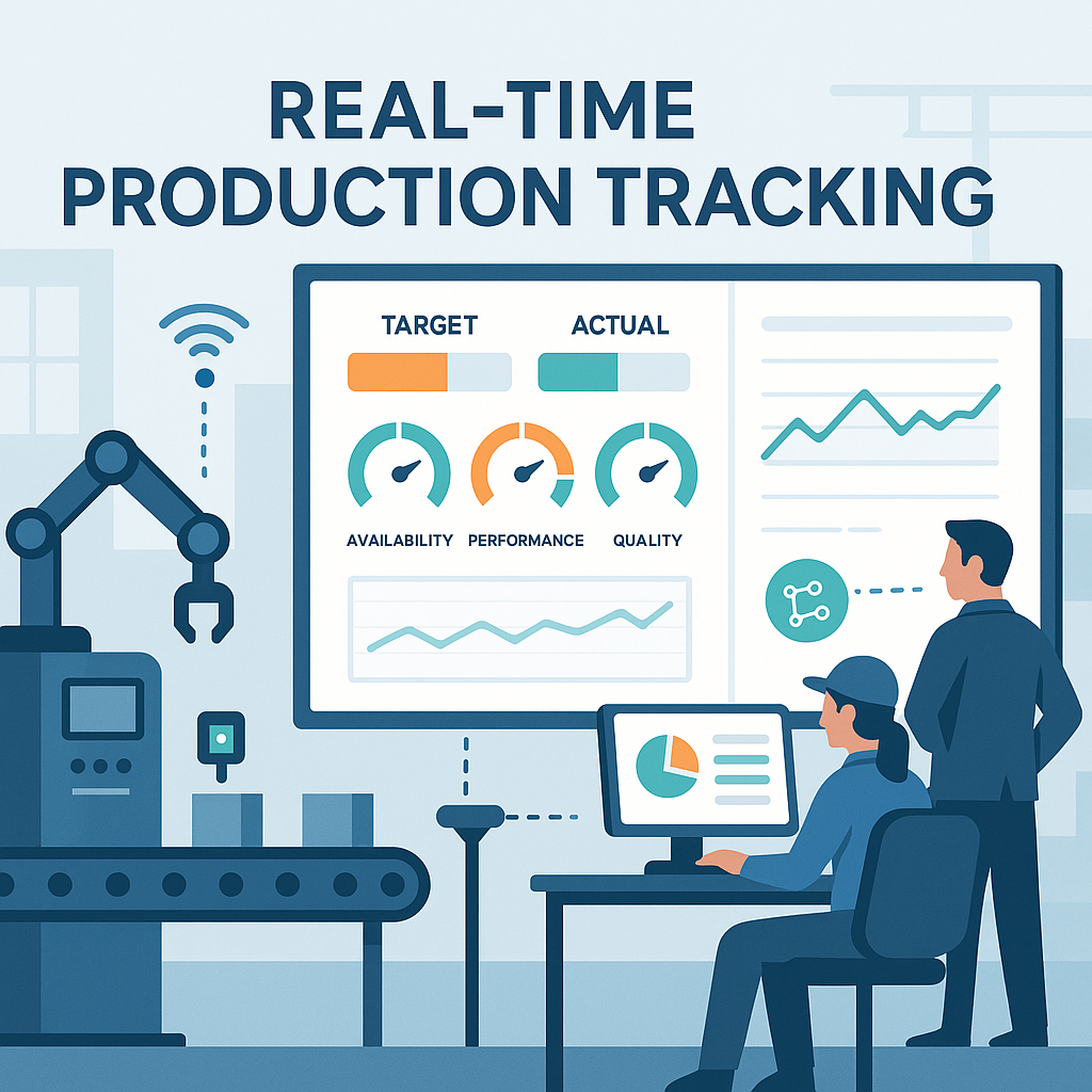 Production tracking dashboard showing real-time metrics
